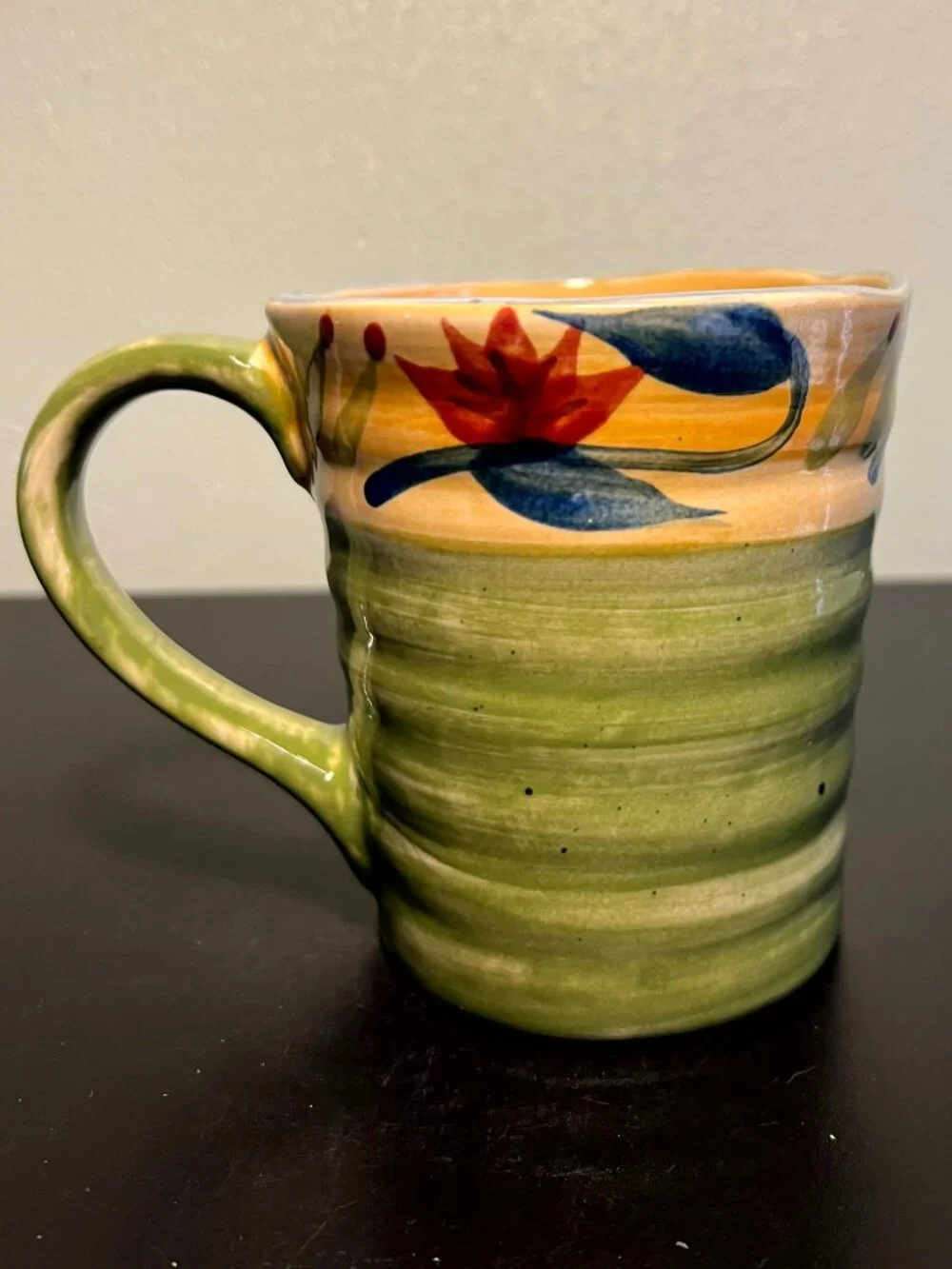 Pier 1 Imports Elizabeth Mug Red Floral Green Ribbed Stoneware Coffee Cup 17oz